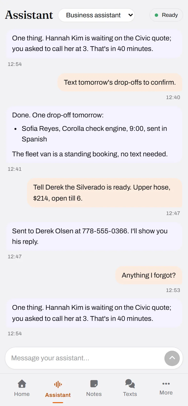 Drop-offs confirmed, Derek told, and one reminder you nearly missed.