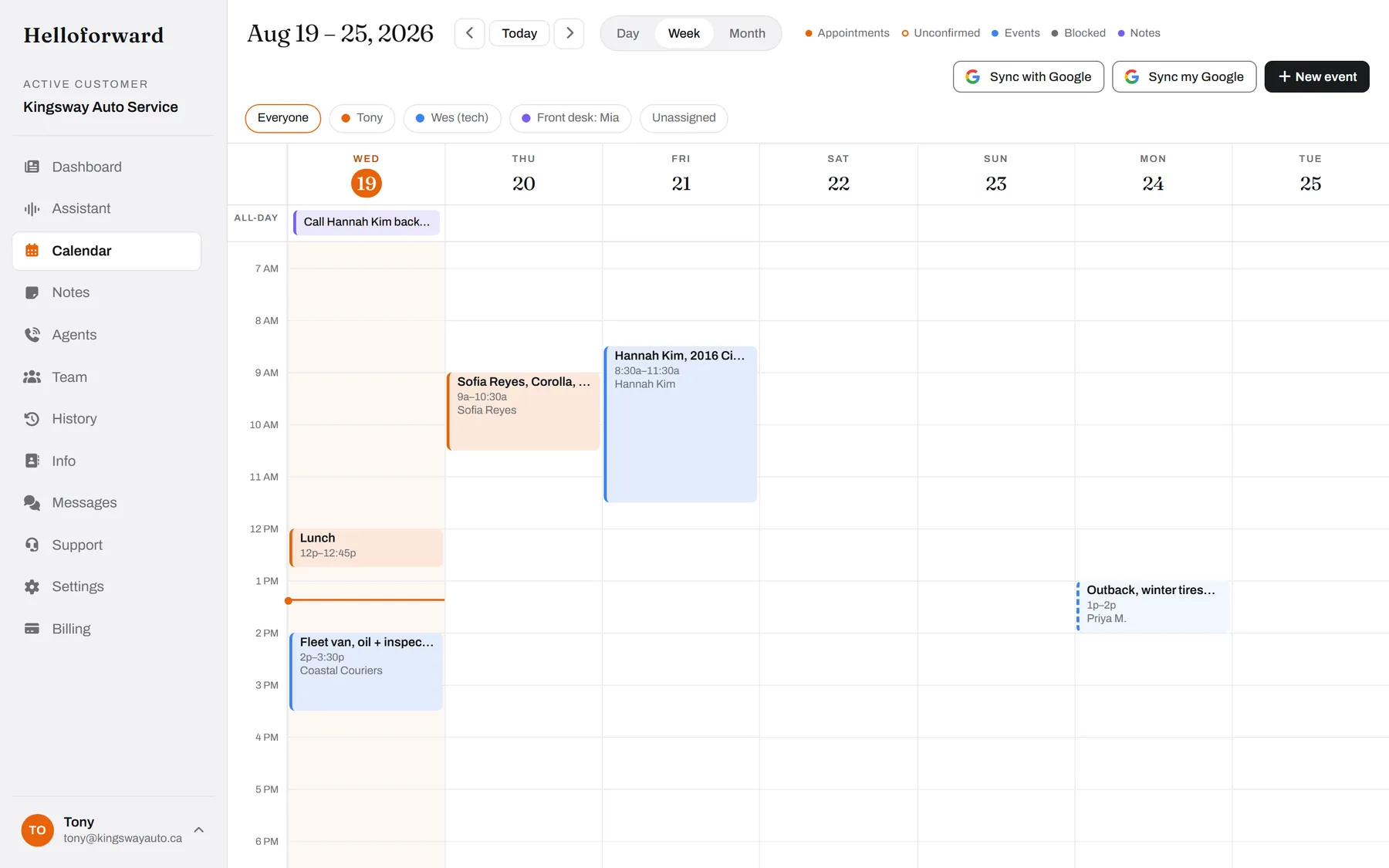 The week, by bay. Wes's brake job in blue, Tony's diagnostic in orange, the tire job dotted until it is confirmed.