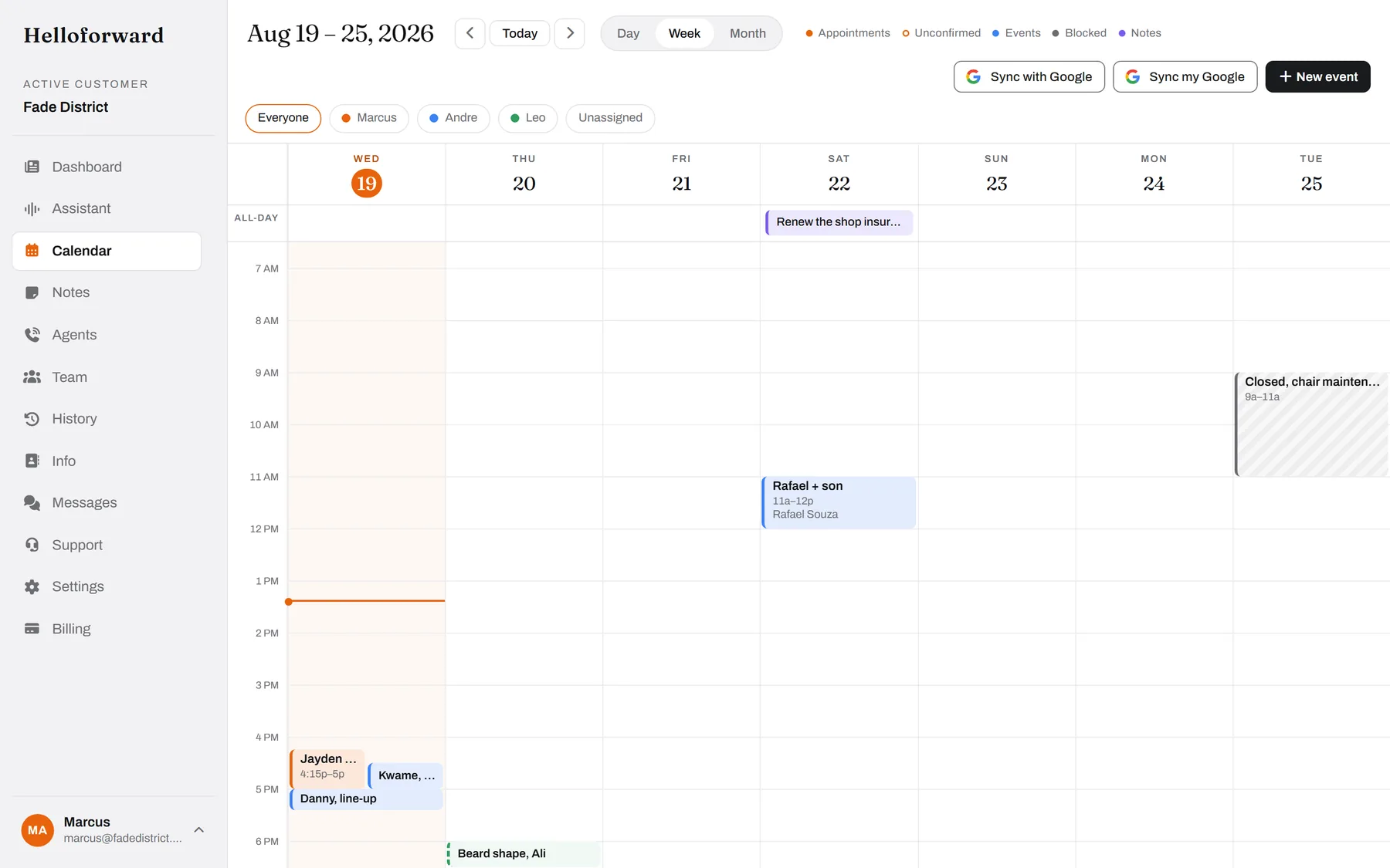 The week, by chair. Marcus in orange, Andre in blue, Leo in green, walk-ins in the gaps.