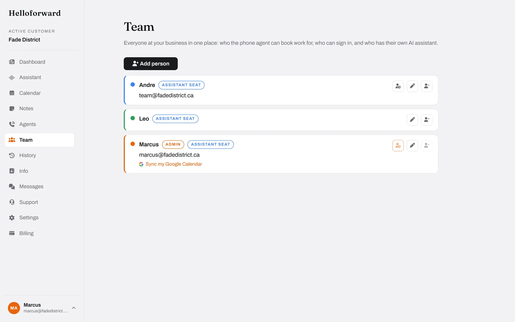 The team. Who the agent can book for, who signs in, who has an assistant.