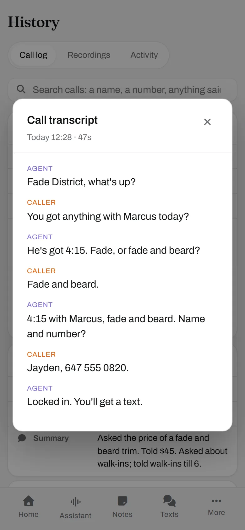 The transcript. Forty-seven seconds, one booking, no interruption.