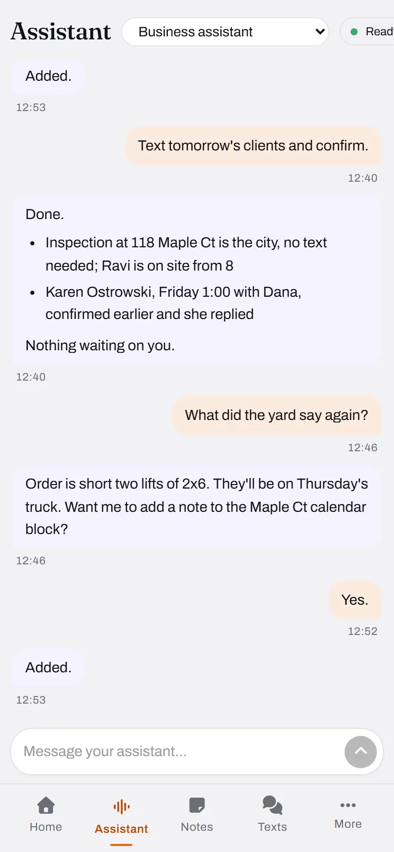 Tomorrow confirmed, the yard's message pinned to the job.
