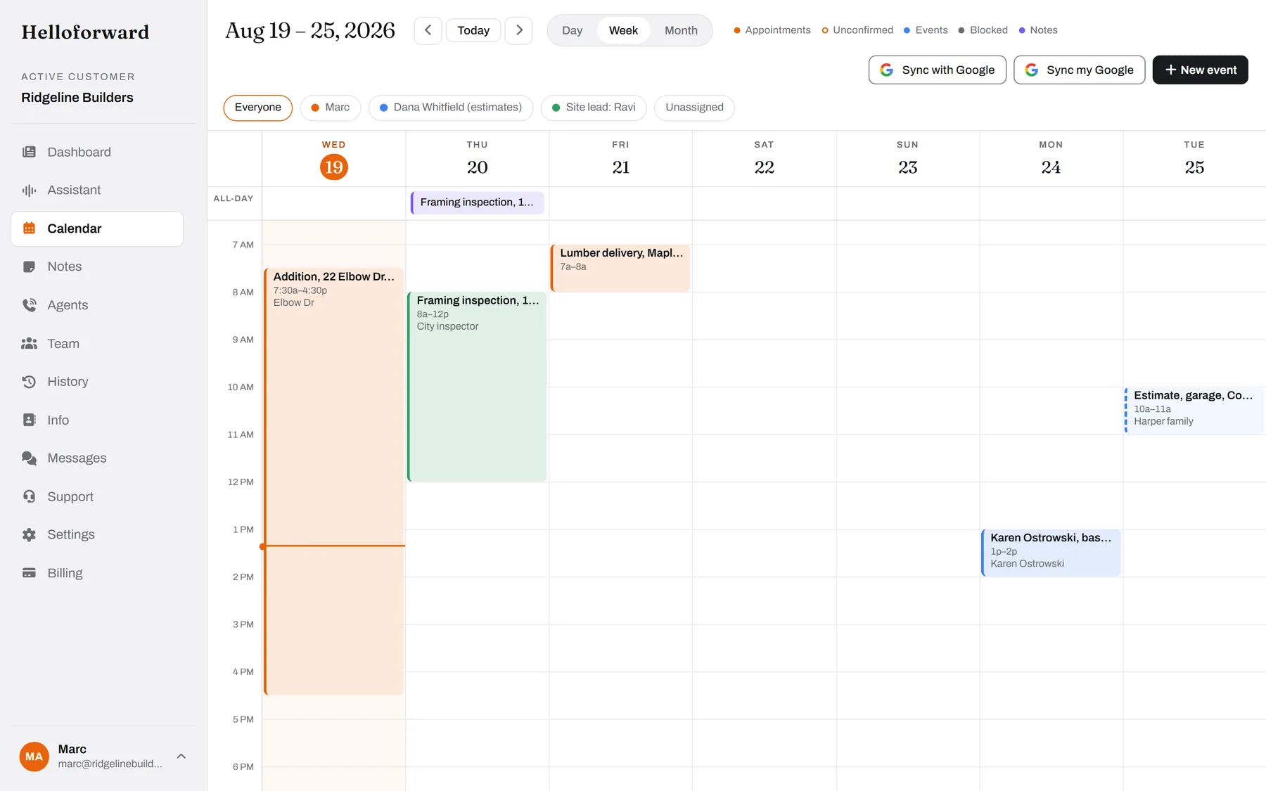 The week, by person. Marc's walls-up day in orange, Dana's estimates in blue, the inspection in Ravi's lane.