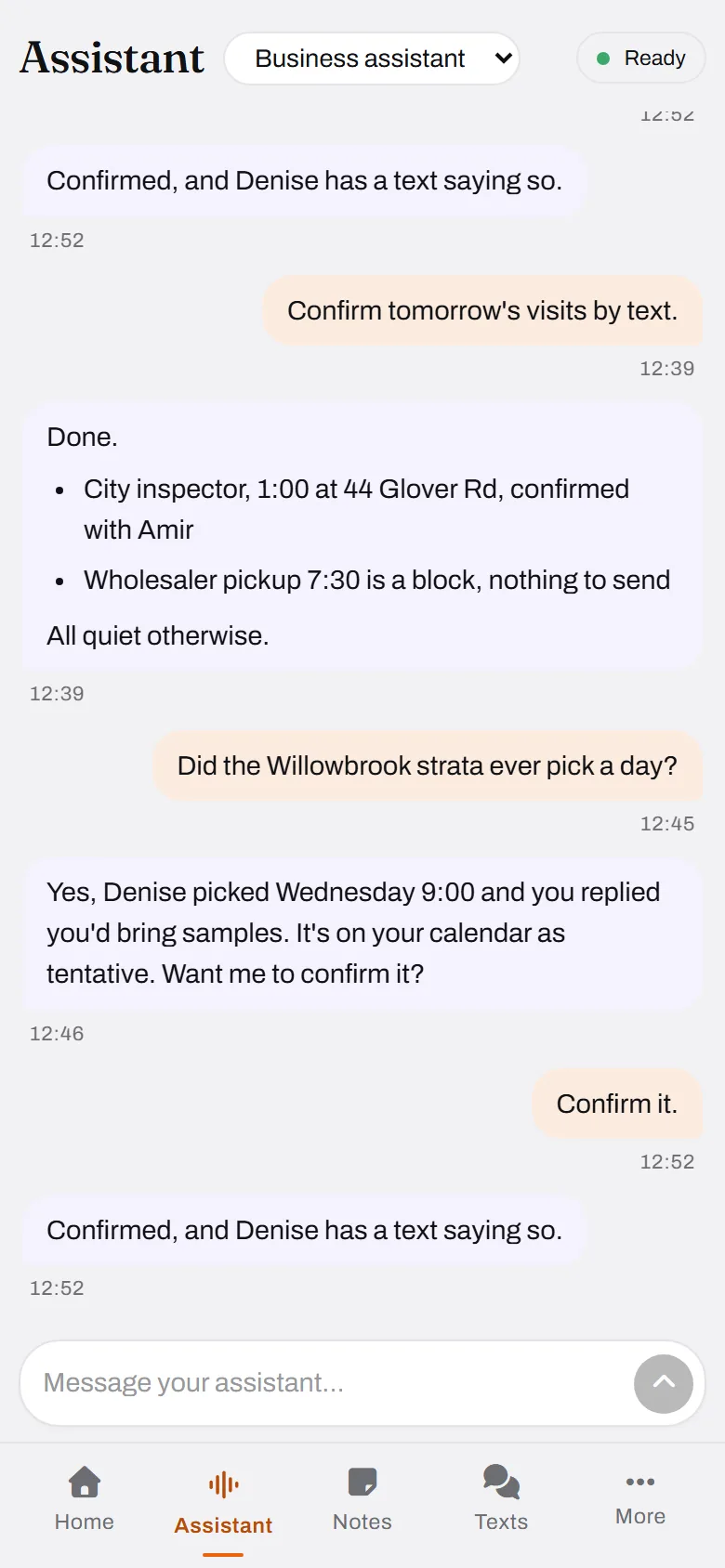 Tomorrow confirmed, one tentative made firm. The Willowbrook walk-through goes from pencilled to booked, and Denise gets a text.