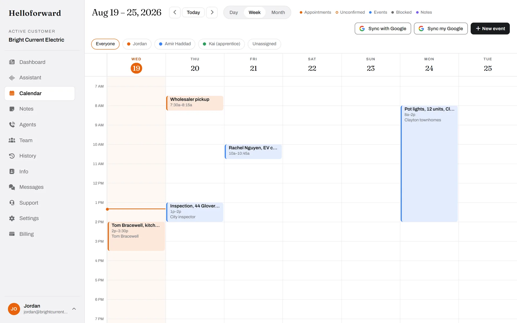 The week, by person. Amir's pot-light day in blue, Jordan's estimates in orange, the tentative walk-through dotted.