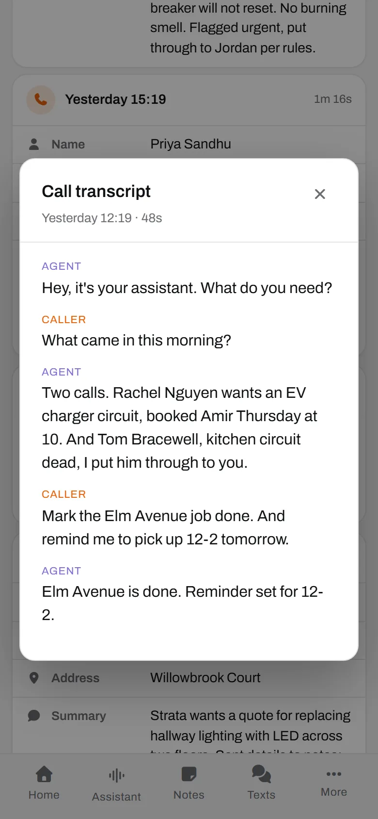 Jordan, calling his own line. Two calls read back, one job marked done, one reminder set.