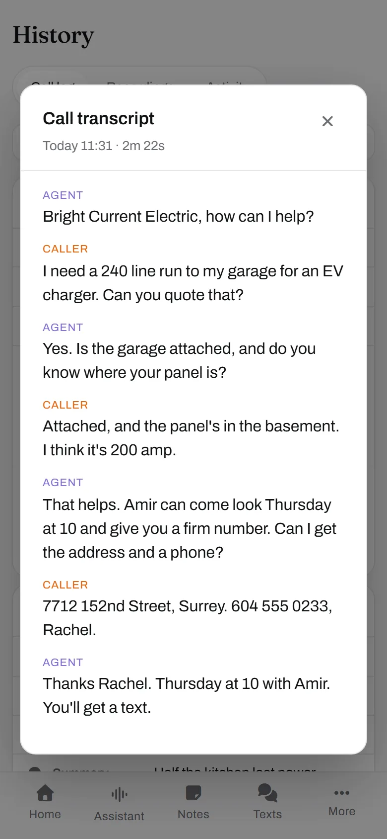 The transcript, a minute later. Attached garage, panel in the basement, 200 amp. Amir knows before he leaves the shop.