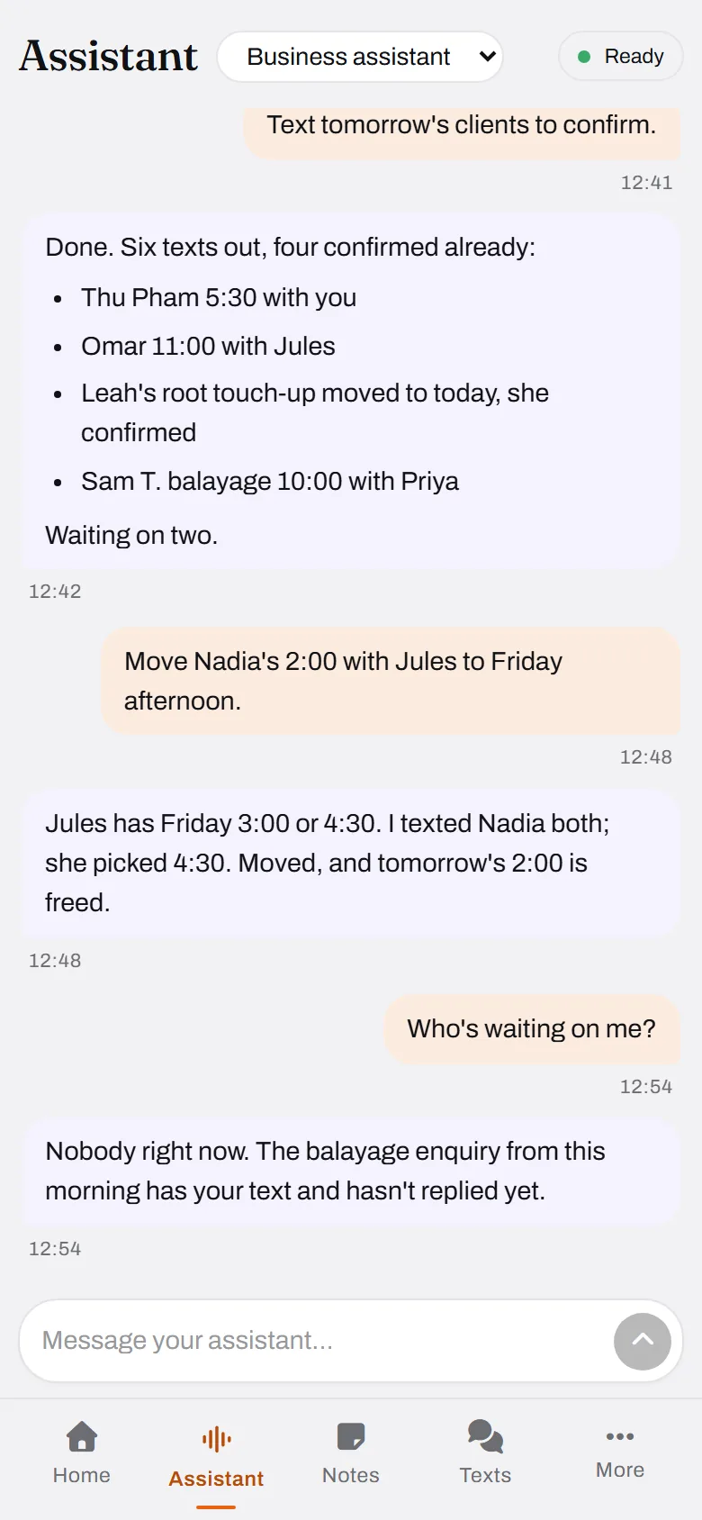 Six confirmations out, four already back, one reschedule done by text.