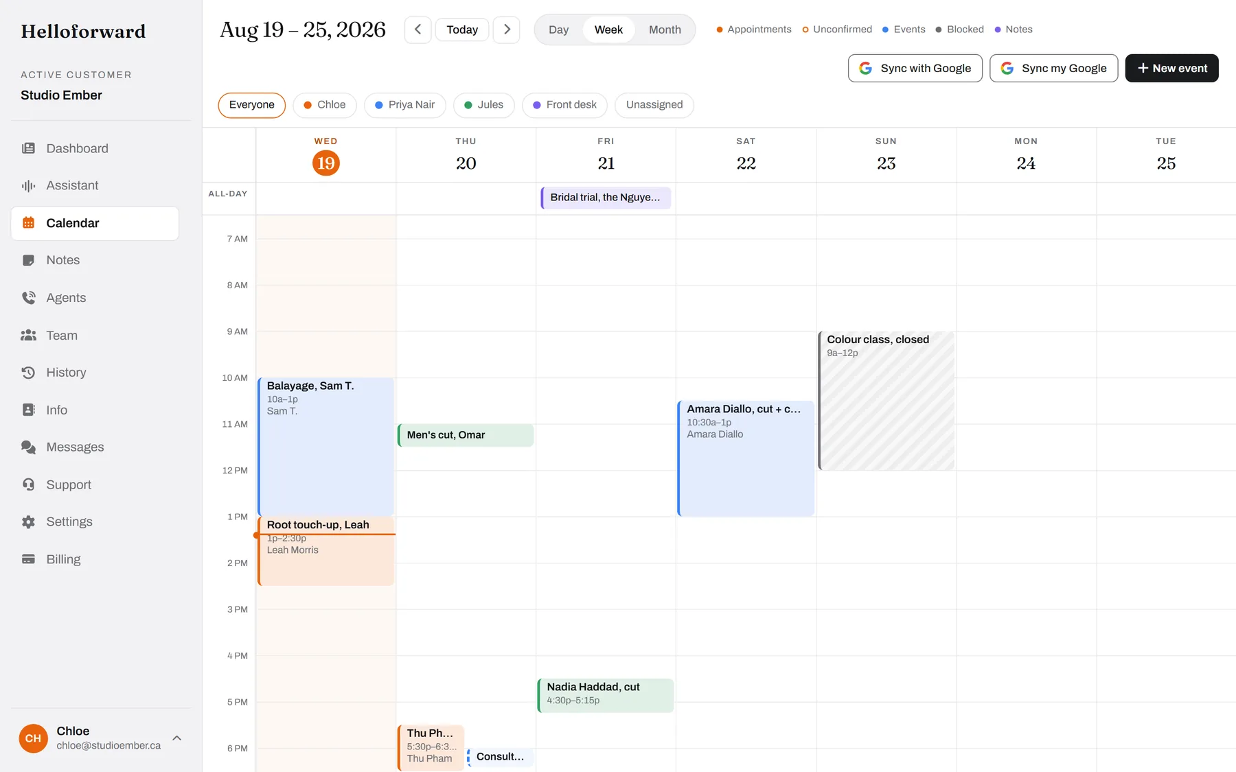 The week, by chair. Priya's colour work in blue, Chloe's in orange, Jules in green, the consult dotted until it is confirmed.