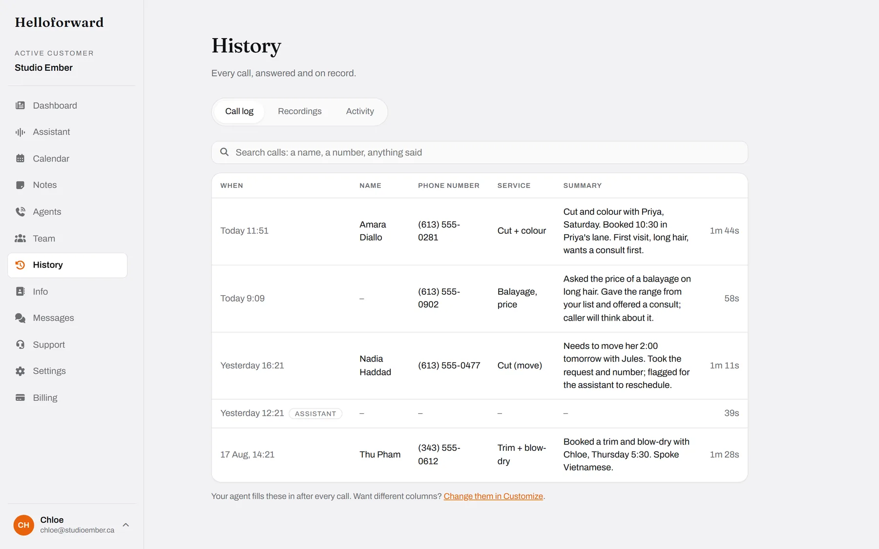 The call log on a desk. Name, number, the service, a summary. Search finds a client, a stylist, or anything said.