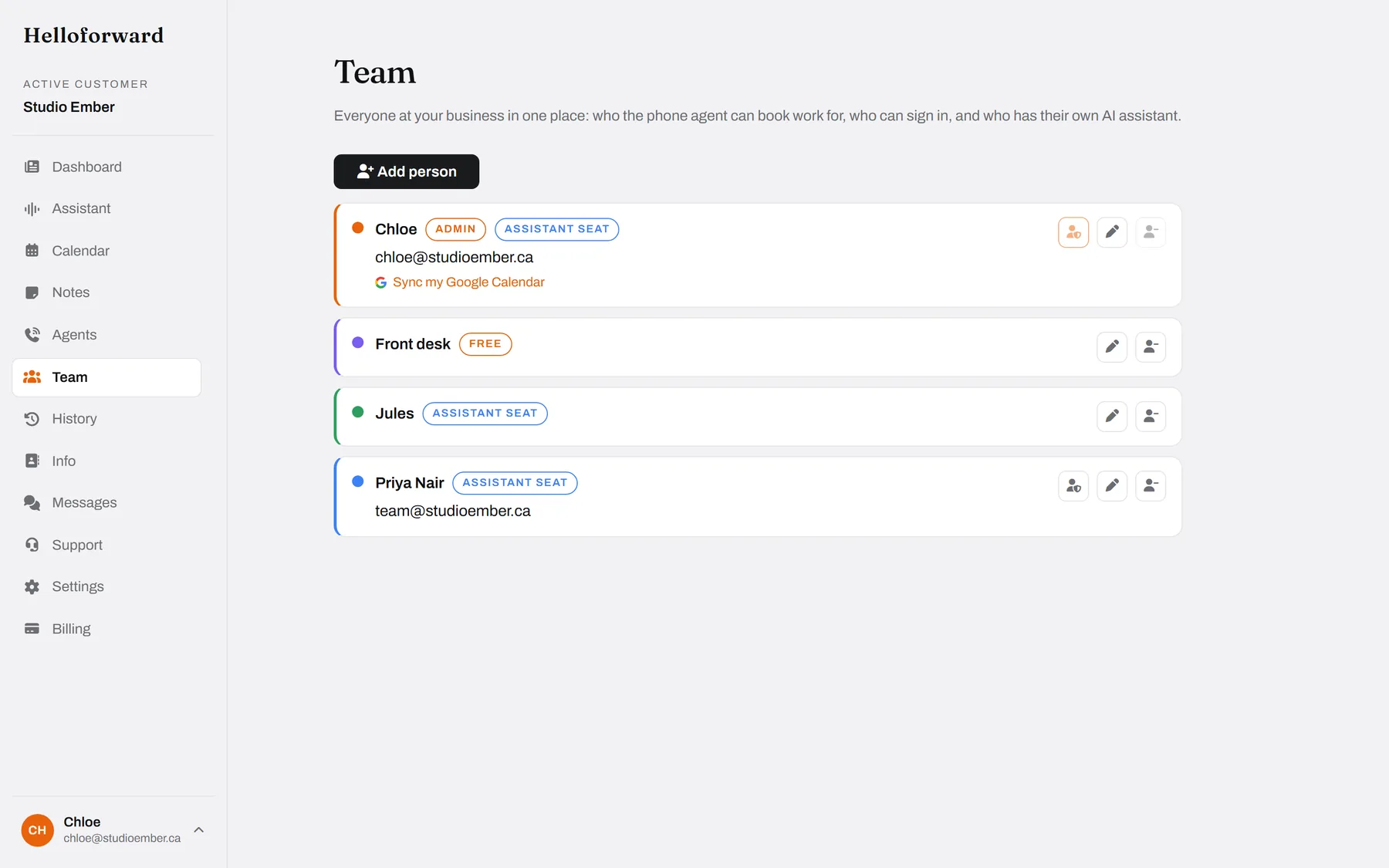 The team. Who the agent can book for, who signs in, who has an assistant.