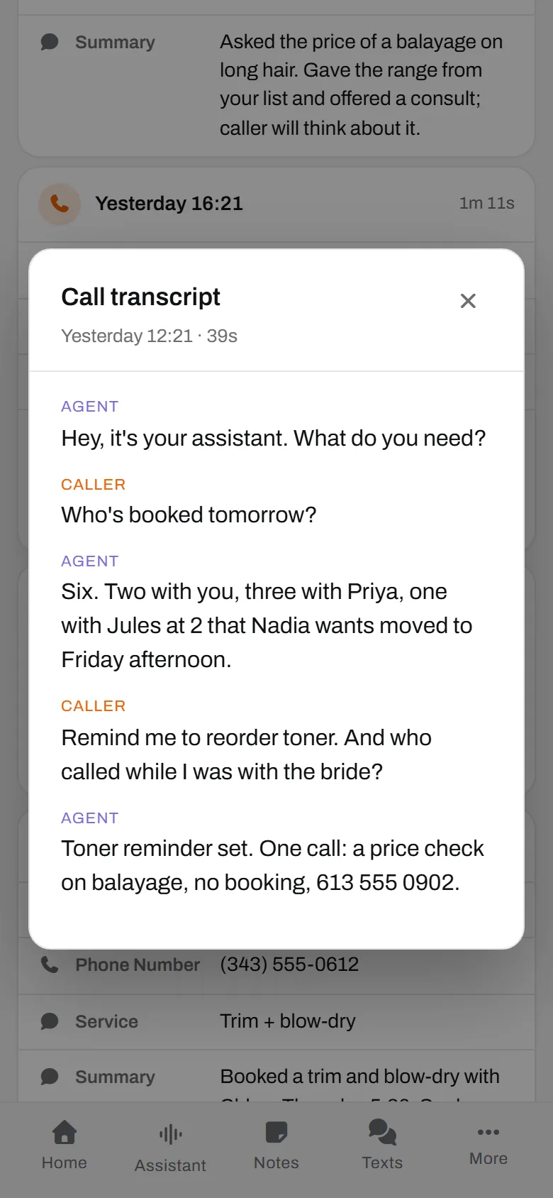 Chloe, calling her own line. Tomorrow's six read back by stylist, toner on the list, one missed call named.