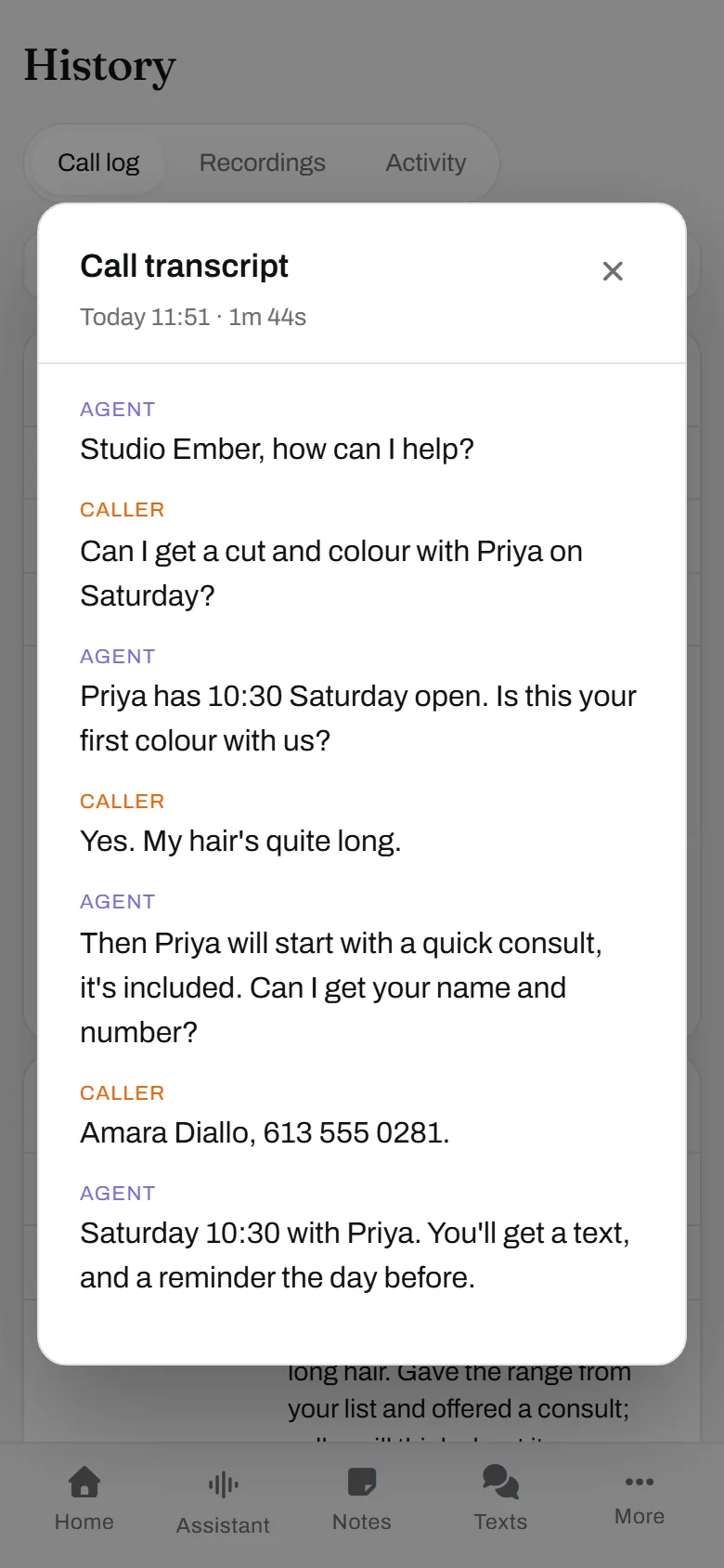 The transcript, a minute later. First colour, long hair, consult first. Priya knows before Saturday.