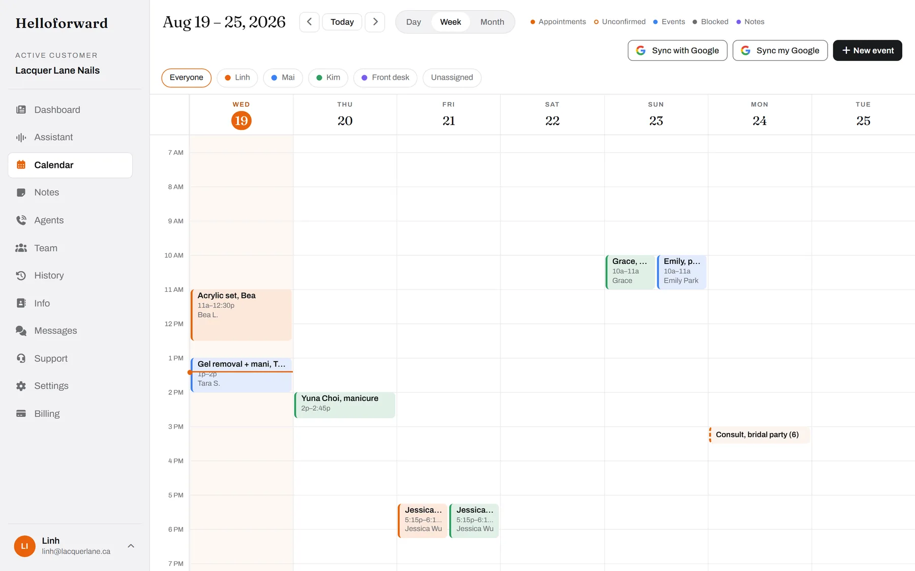 The week, by station. Linh in orange, Mai in blue, Kim in green, and two friends side by side on Saturday.