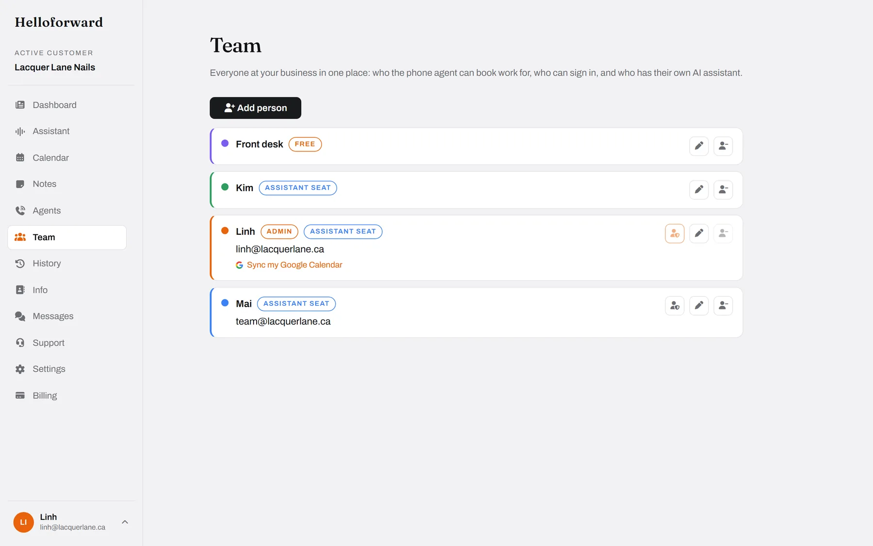 The team. Who the agent can book for, who signs in, who has an assistant.