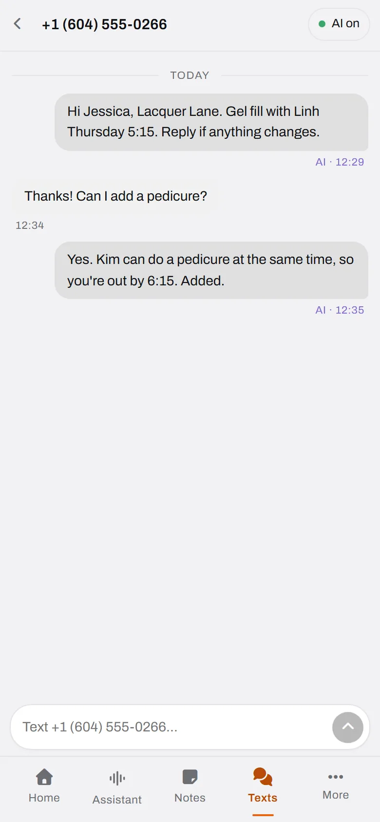 Jessica adds a pedicure by text. Kim is free at the same time, so it is added, and she is out by 6:15.