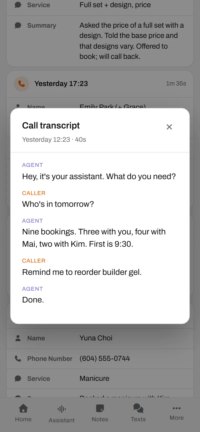 Linh, calling her own line. Nine bookings read back by tech, builder gel on the list.