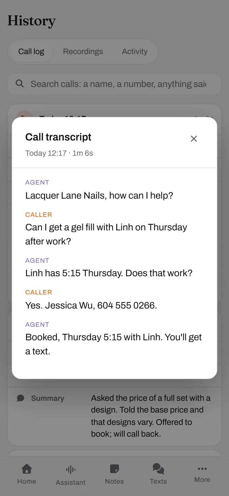 The transcript. Sixty-six seconds, one booking, no gel ruined.