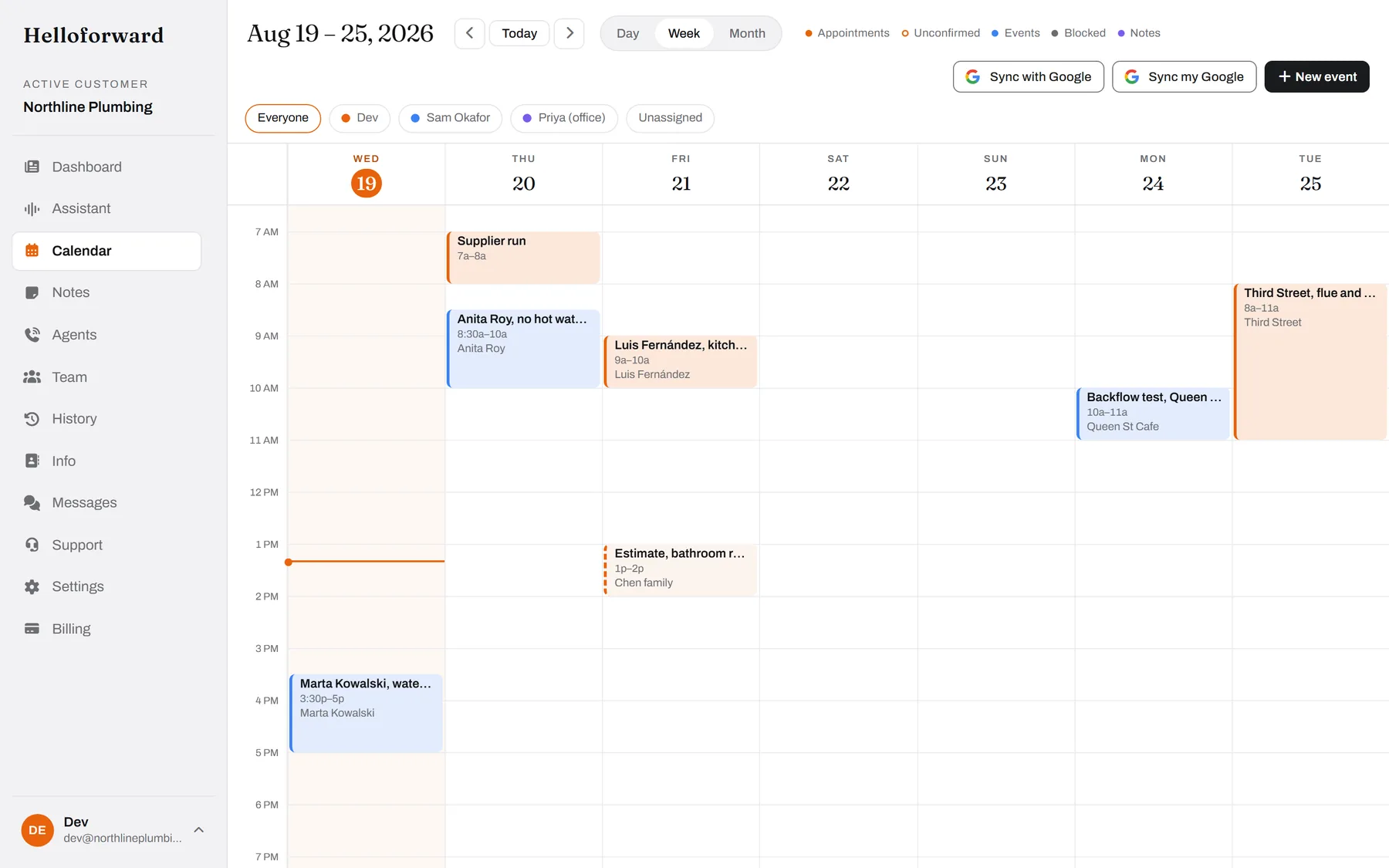 The week, by person. Sam's jobs in blue, Dev's in orange, the tentative estimate dotted until it is confirmed.