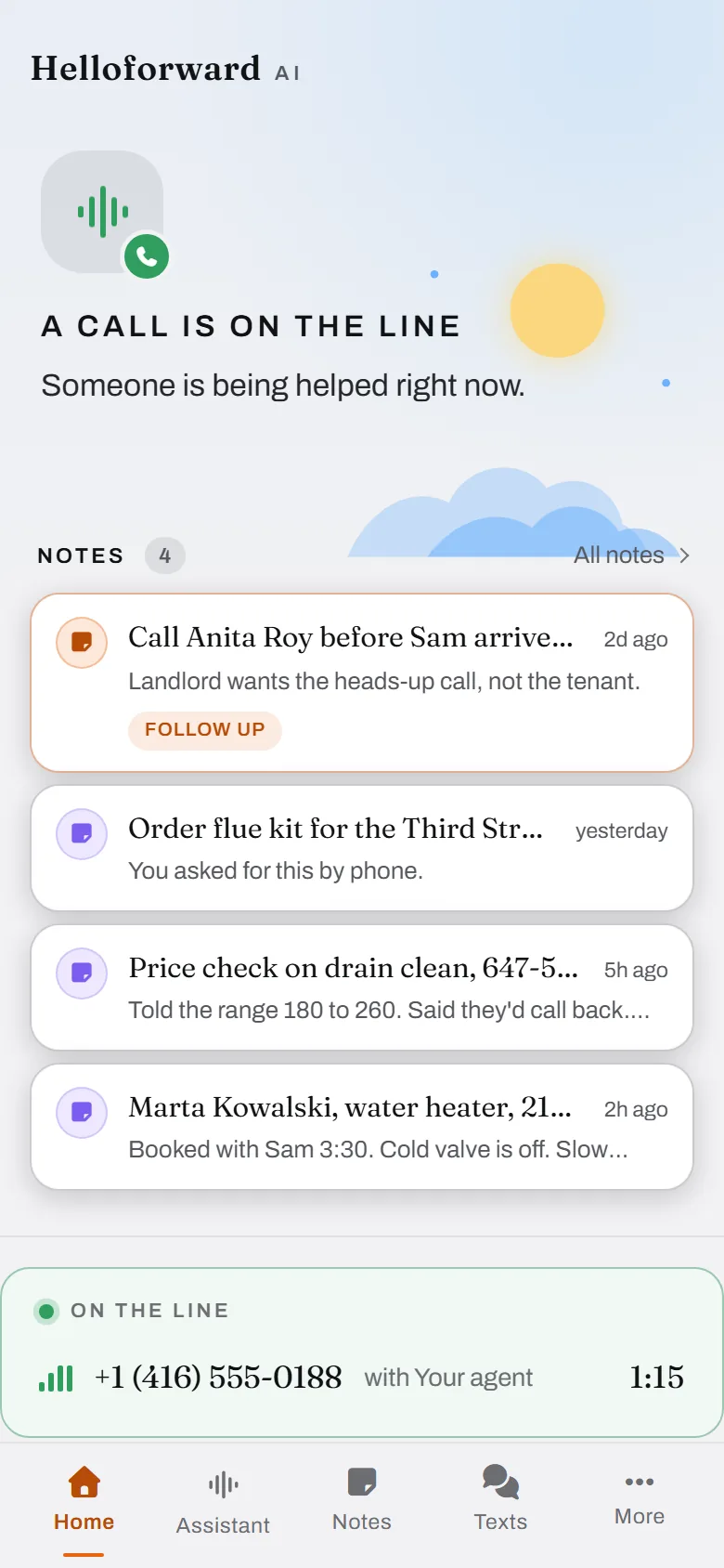Home, while a call is on. The caller's number, the running clock, and the notes already waiting for you.