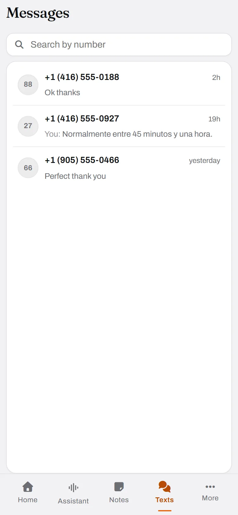 Every conversation on the line. Who texted, what was last said, who said it.