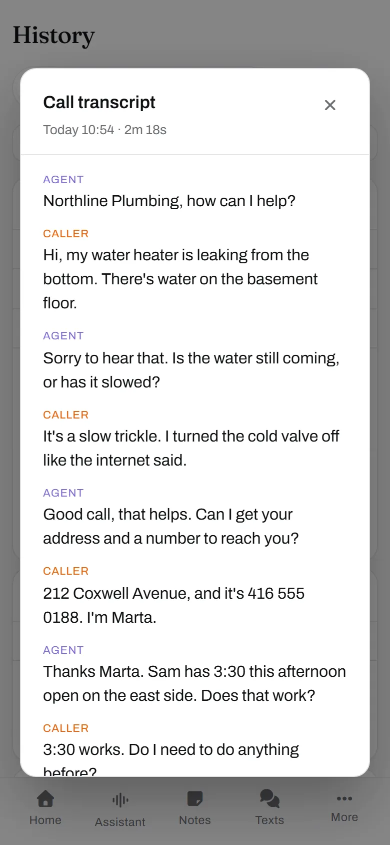 The transcript, a minute later. Every call keeps one, so nothing depends on anyone's memory.