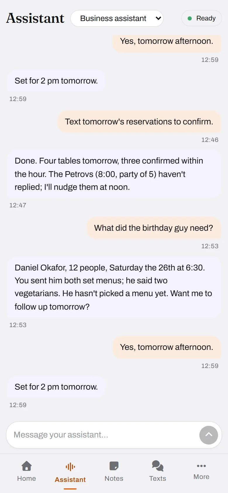 Tomorrow's tables confirmed, one party of five nudged, one follow-up set for 2 pm.