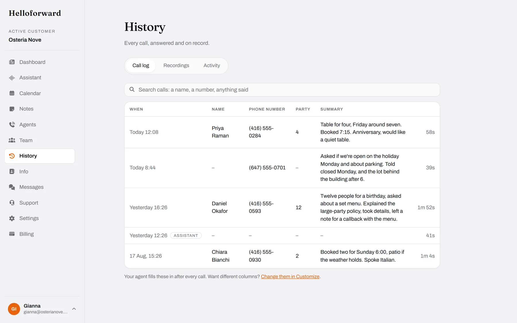 The call log on a desk. Name, number, party size, a summary. Search finds a guest, a date, or anything said.
