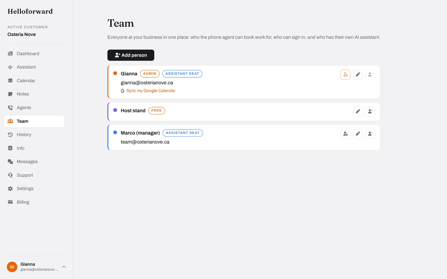 The team. Who the agent can book for, who signs in, who has an assistant.