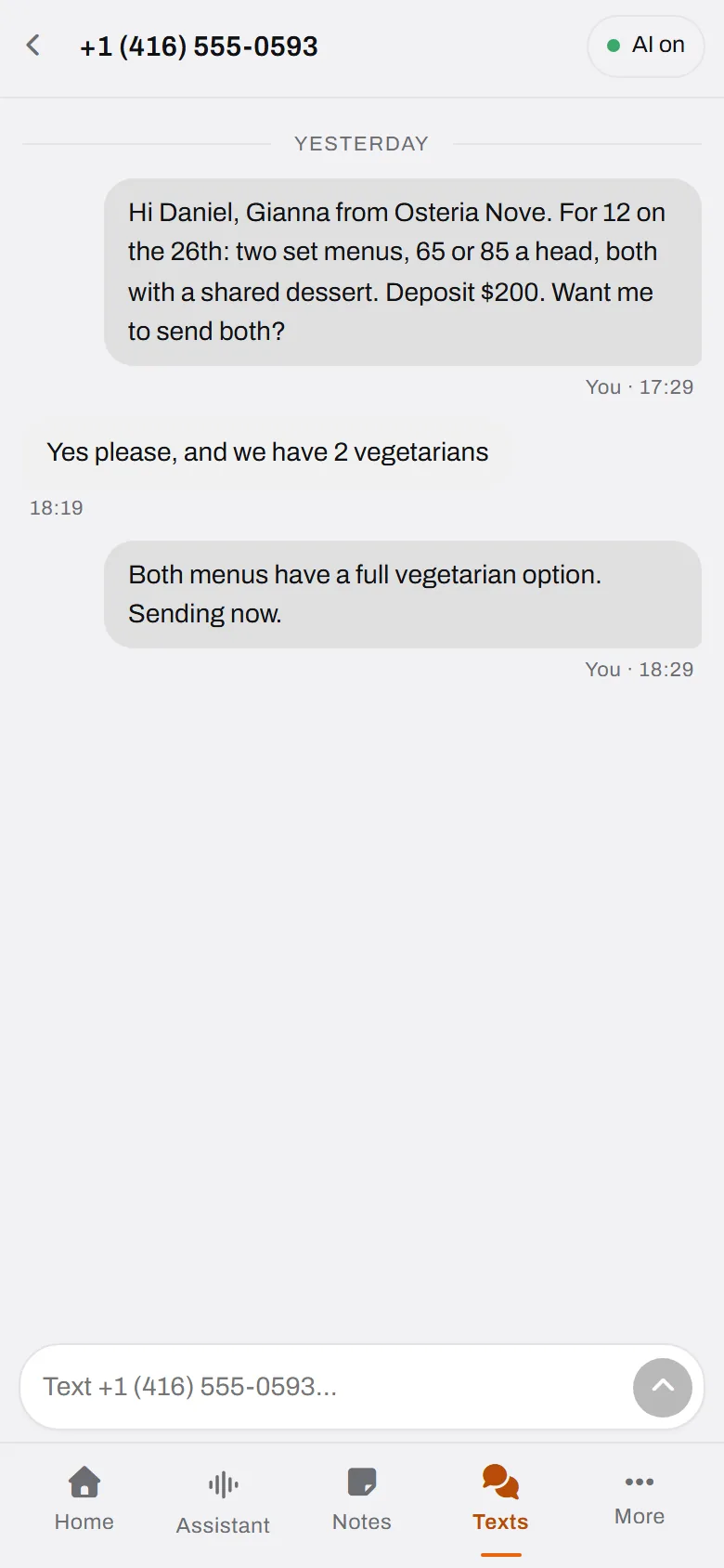 The birthday party, sorted by text. Gianna sends both set menus herself, notes two vegetarians, in the thread the agent opened.