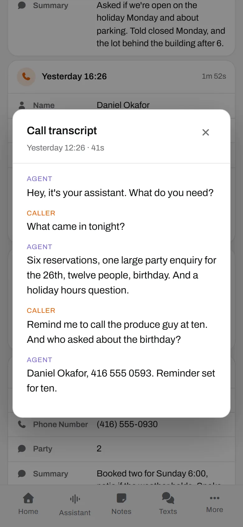 Gianna, calling her own line. The night's reservations counted, one reminder set, one name looked up.