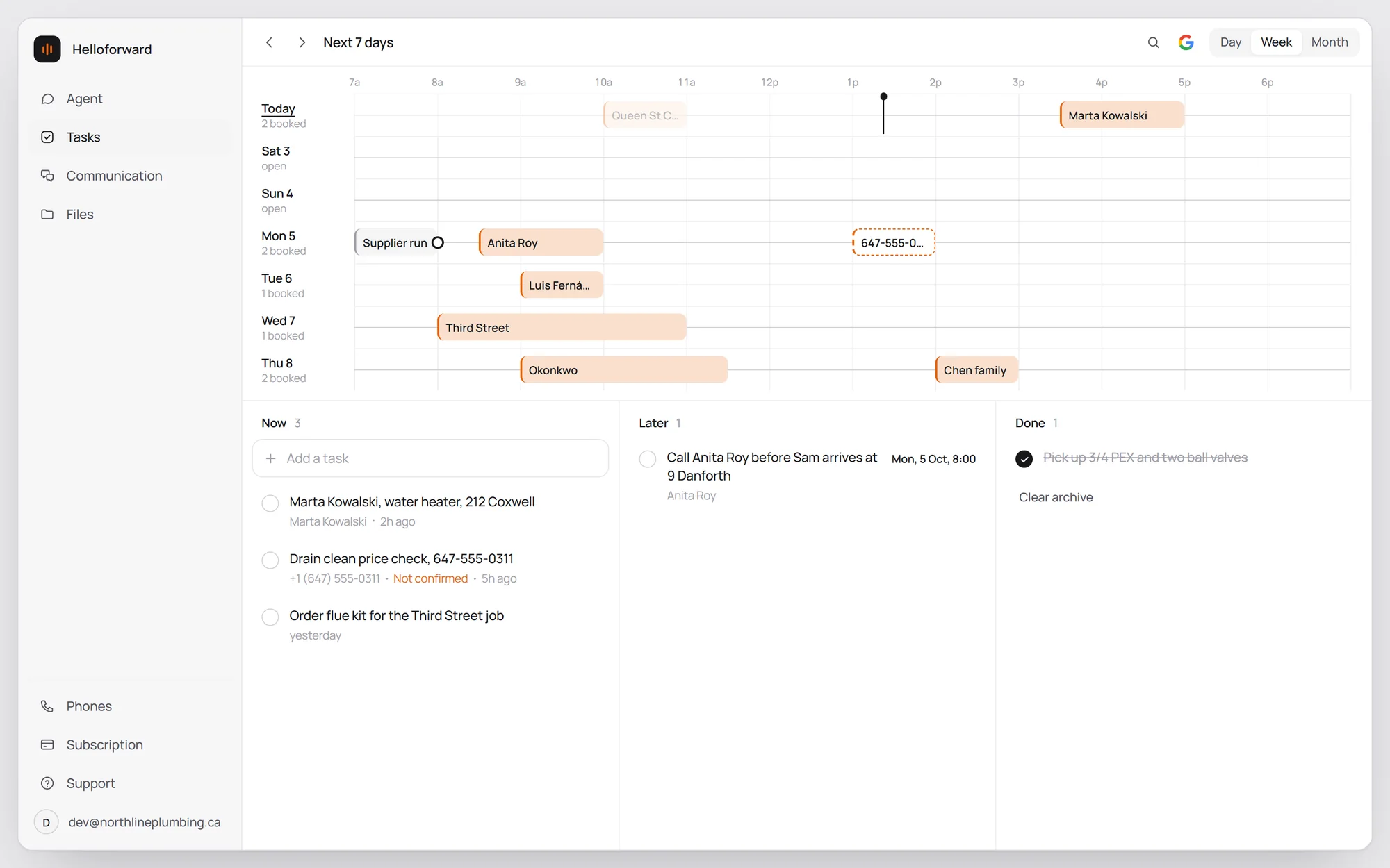 The week: booked jobs, one waiting on your OK, a supplier run, and your to-do list underneath.