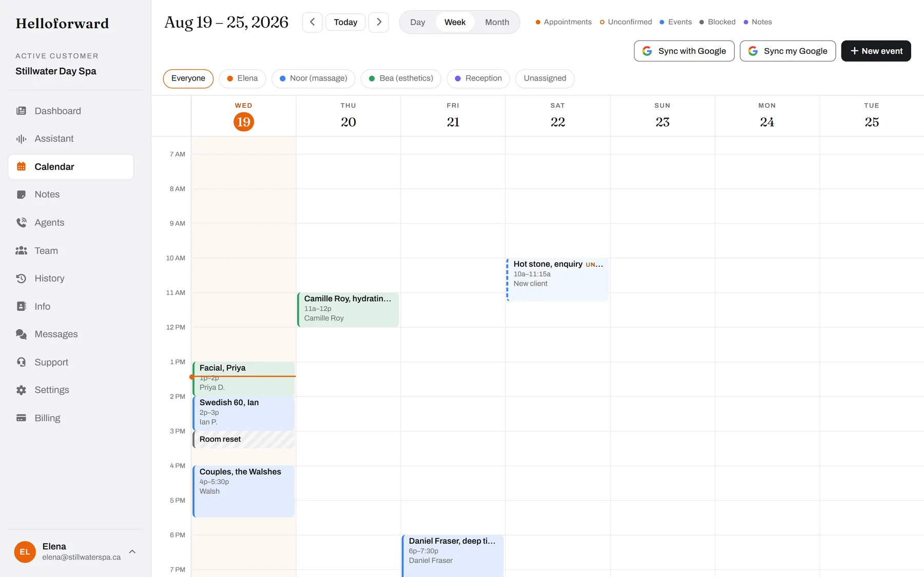 The week, by room. Noor's massages in blue, Bea's facials in green, the room reset blocked out.