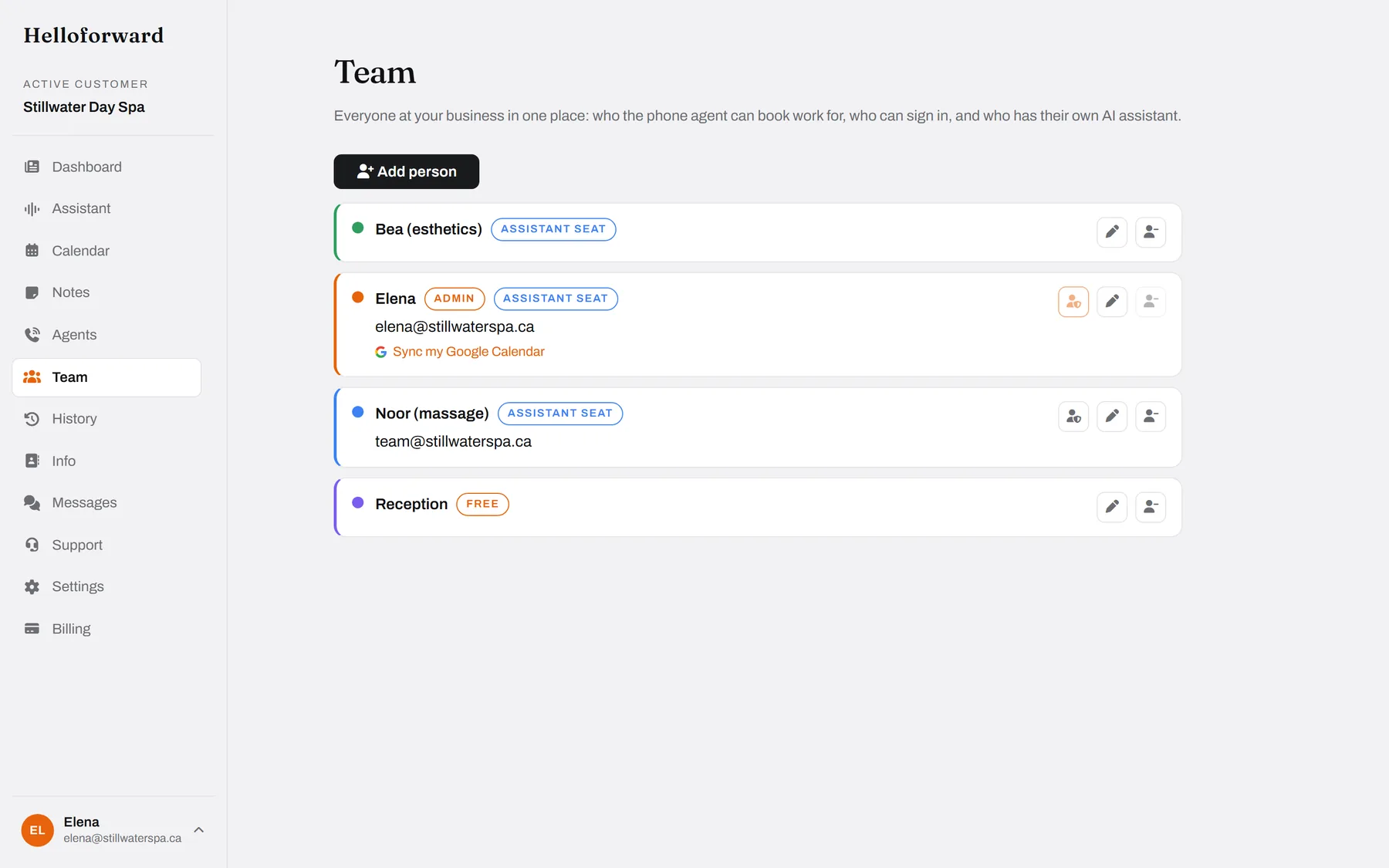 The team. Who the agent can book for, who signs in, who has an assistant.