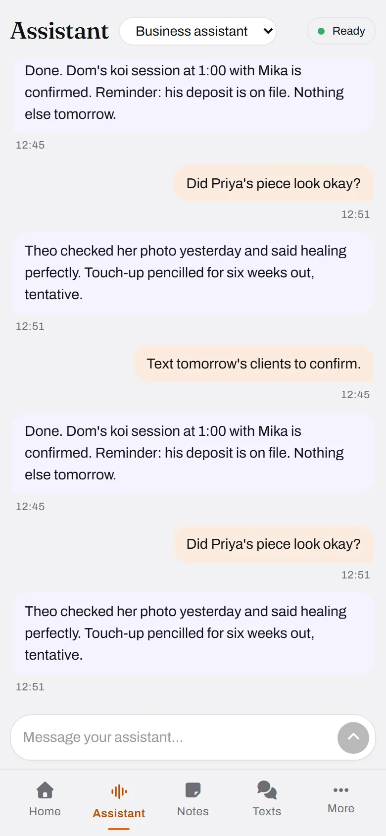 Tomorrow confirmed, deposit on file, healing piece accounted for.