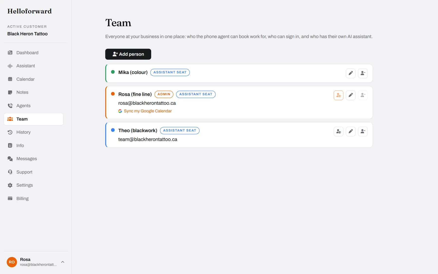 The team. Who the agent can book for, who signs in, who has an assistant.