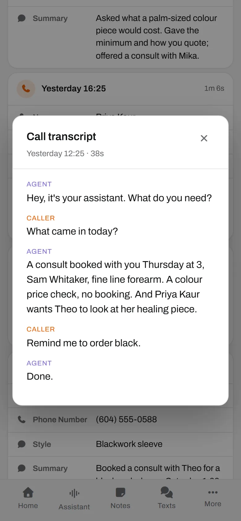 Rosa, calling her own line. The day's three calls read back, black on the list.