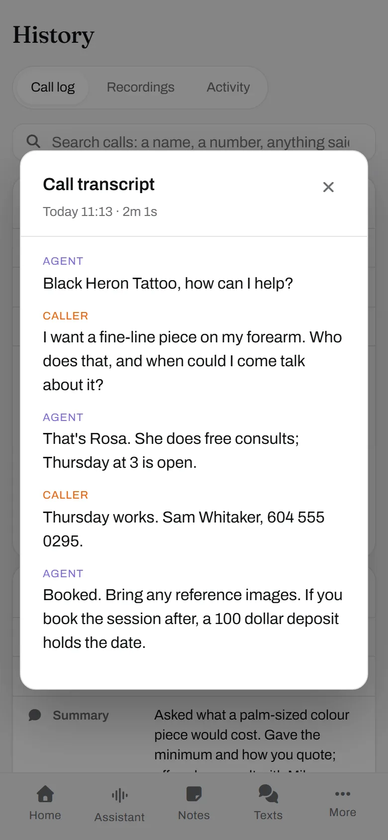 The transcript. Fine line, forearm, references requested, deposit explained. Rosa reads it before Thursday.