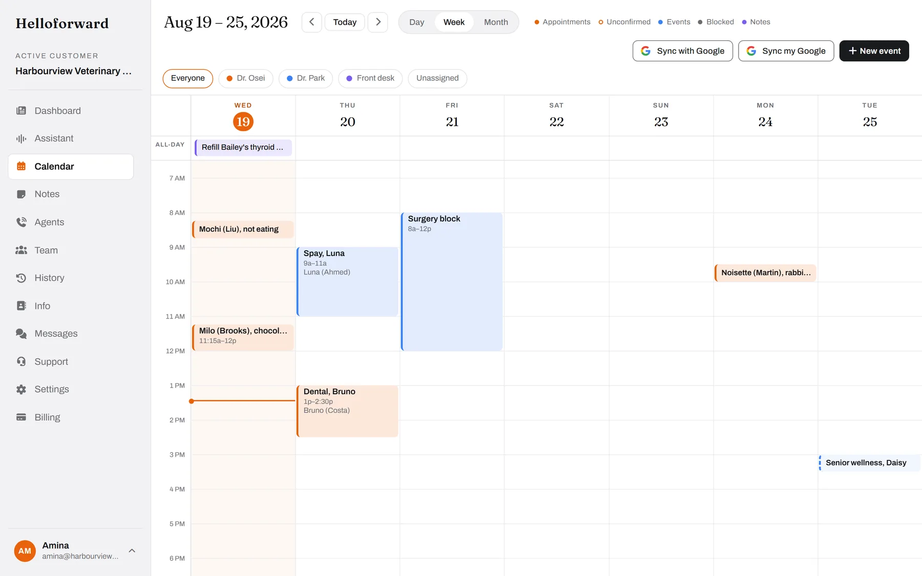 The week, by vet. Dr. Osei in orange, Dr. Park in blue, the surgery block greyed out.