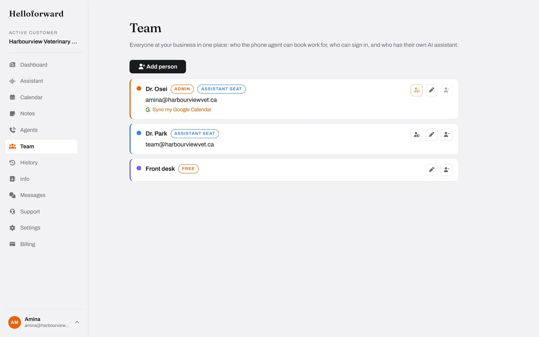 The team. Who the agent can book for, who signs in, who has an assistant.
