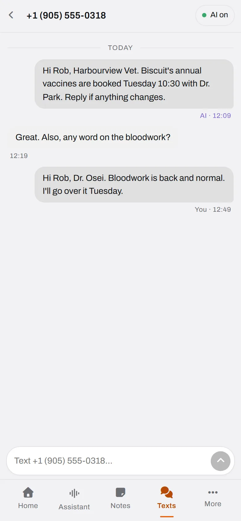 Rob asks about the bloodwork. Dr. Osei answers herself, in the same thread: back, and normal.