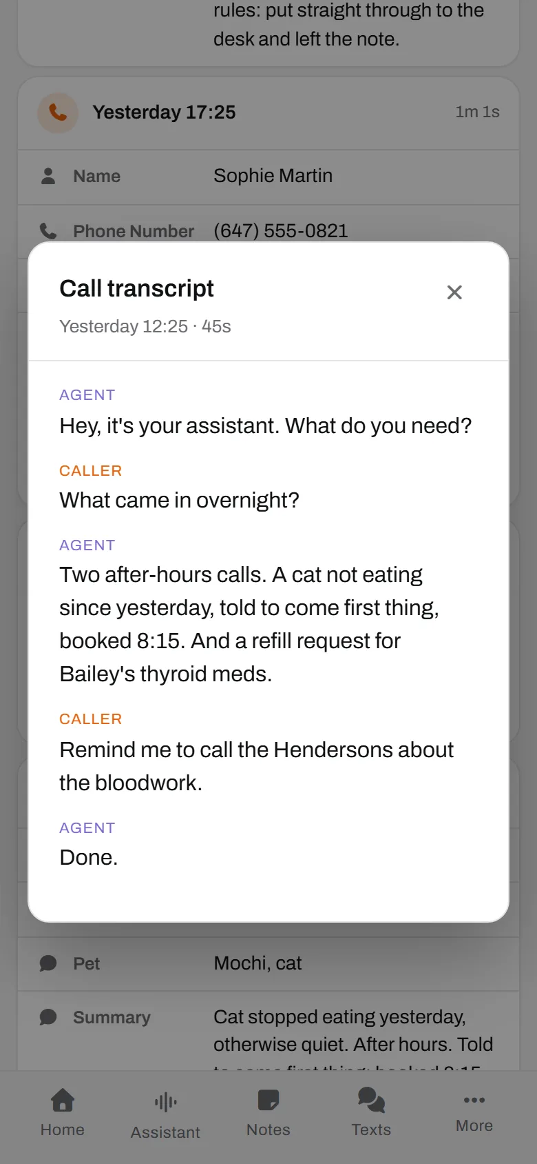 Dr. Osei, calling her own line. Two after-hours calls read back, one reminder set.