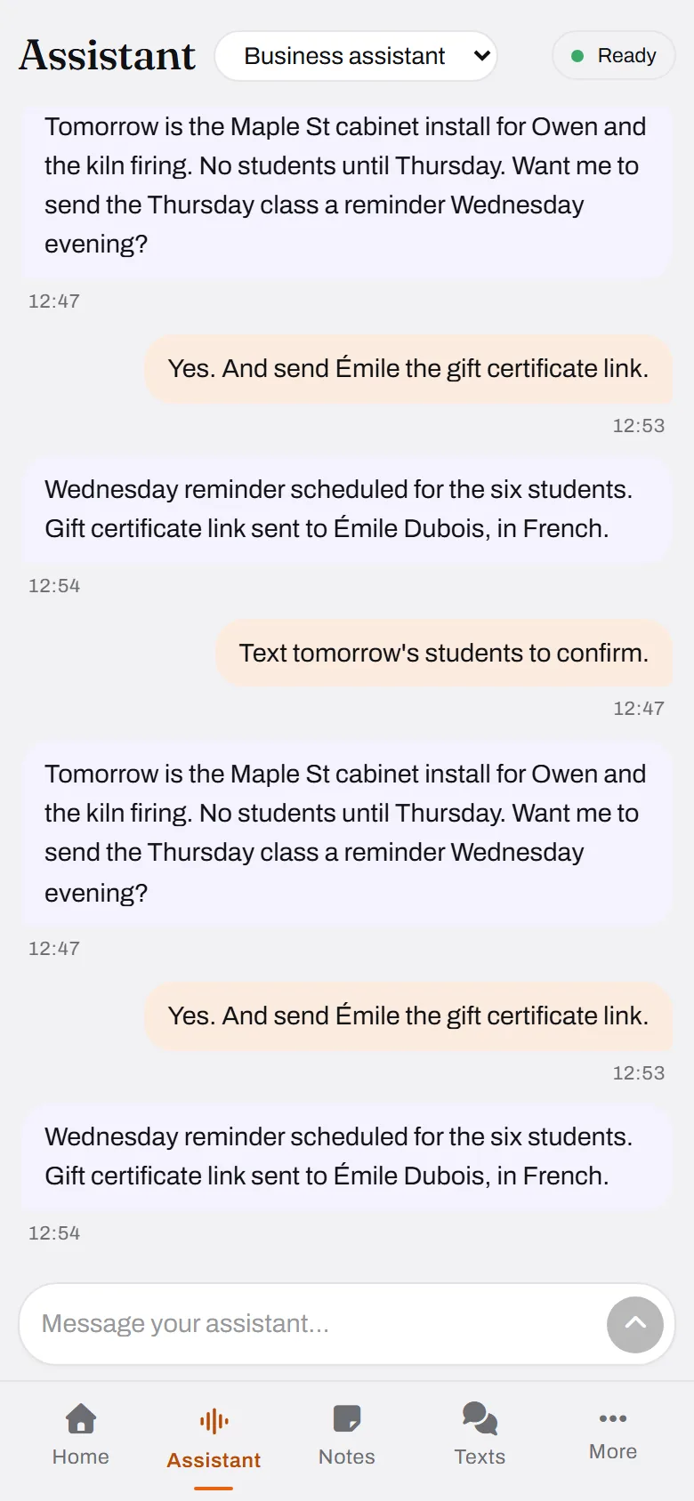 A class reminder scheduled for Wednesday, a gift link sent in French.