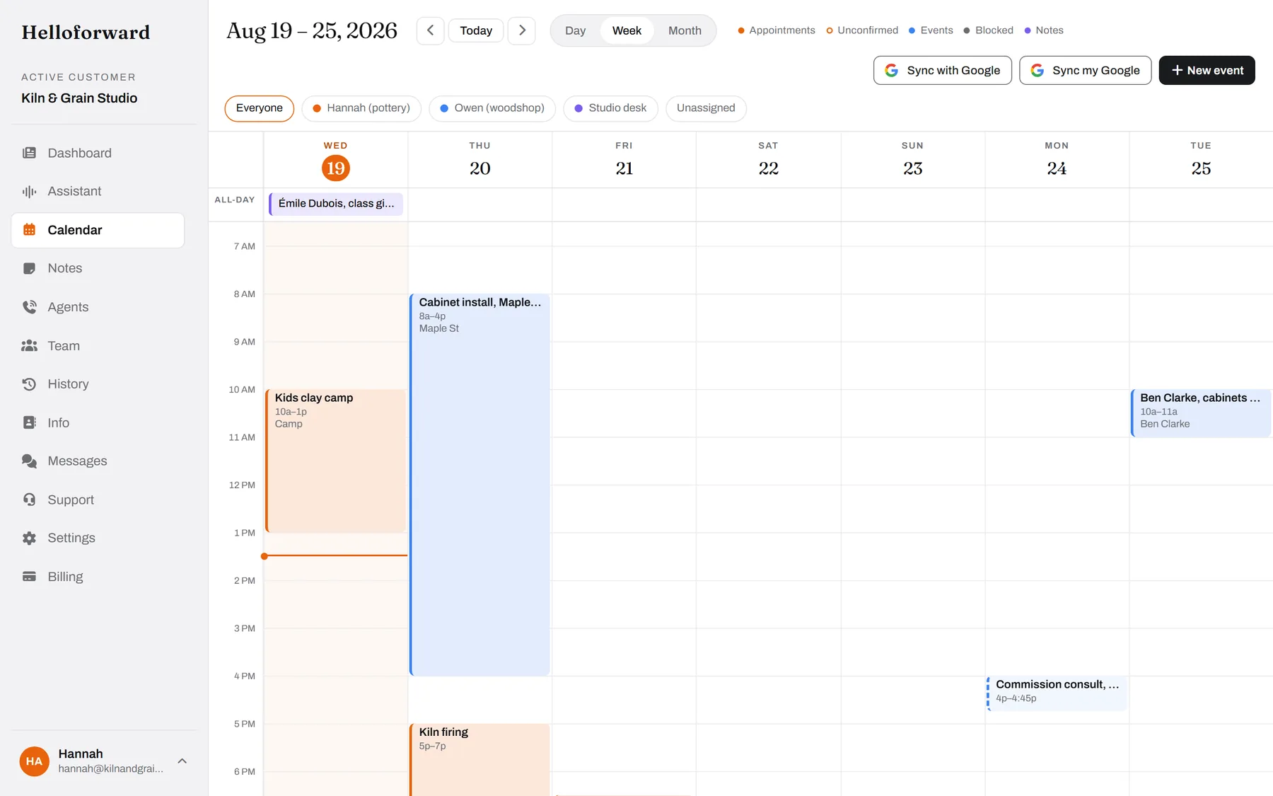 The week, by bench. Hannah's classes and firings in orange, Owen's install and consults in blue.