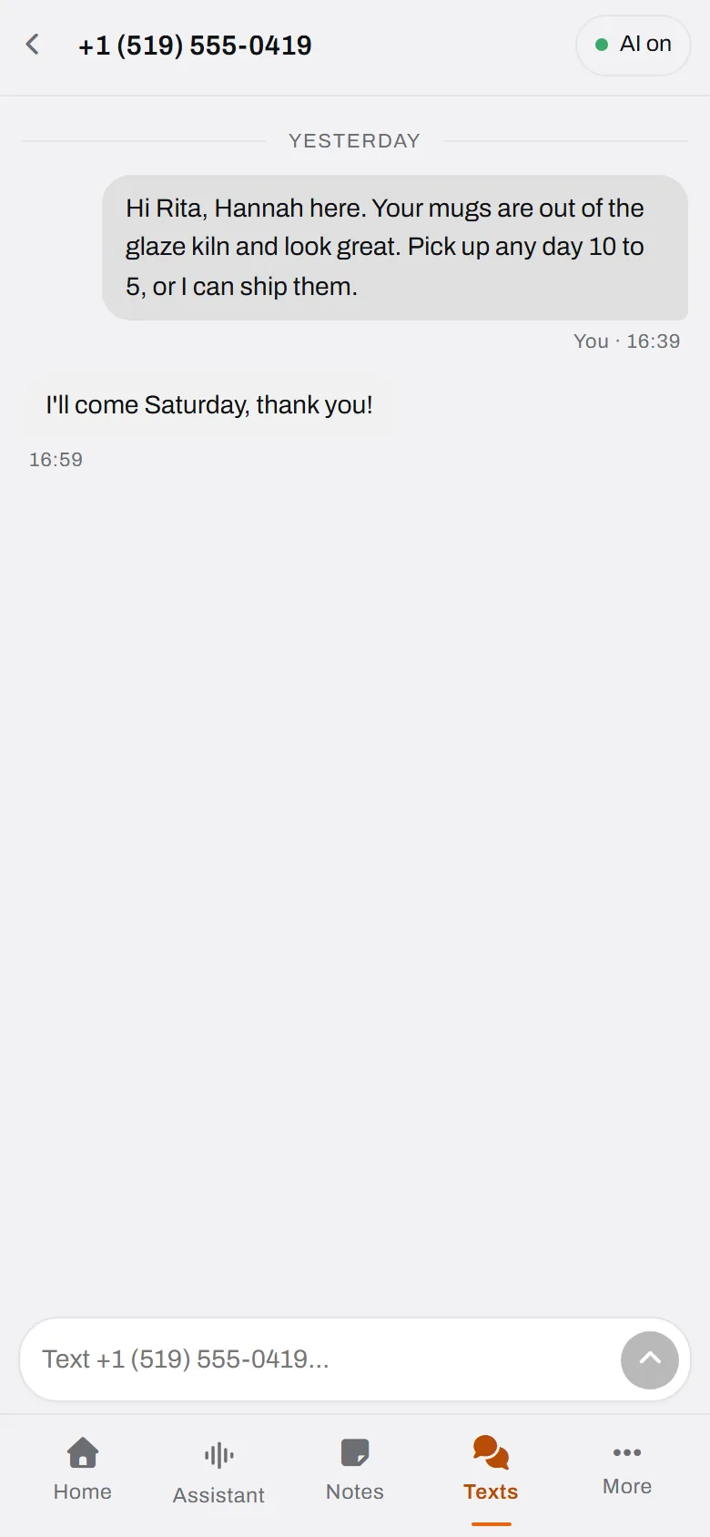 The mugs are out of the kiln. Hannah texted Rita herself, in the thread the agent opened.