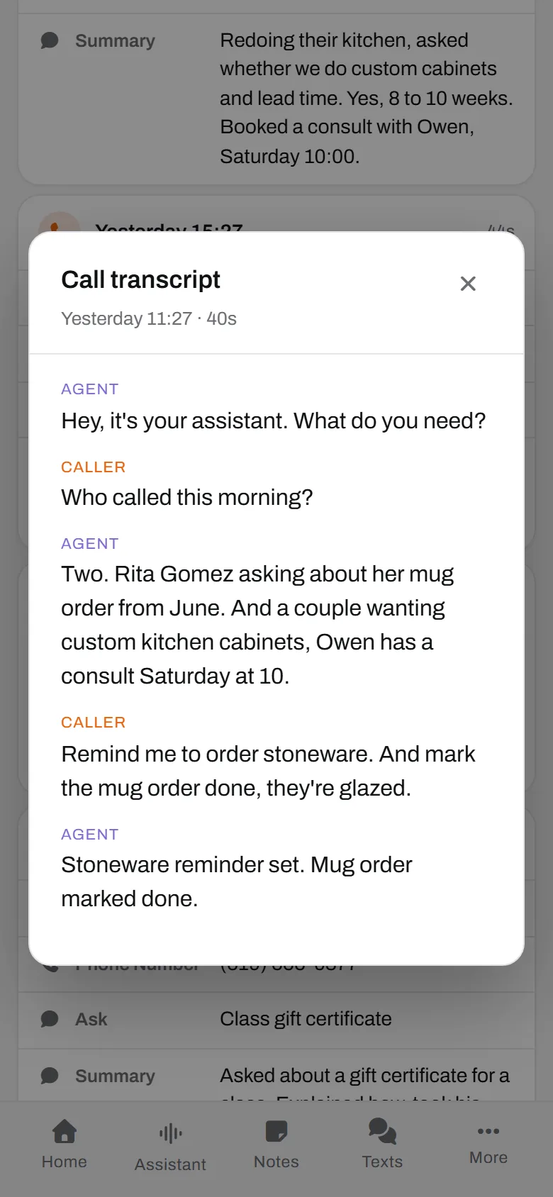 Hannah, calling her own line. Two calls read back, stoneware on the list, one order marked done.