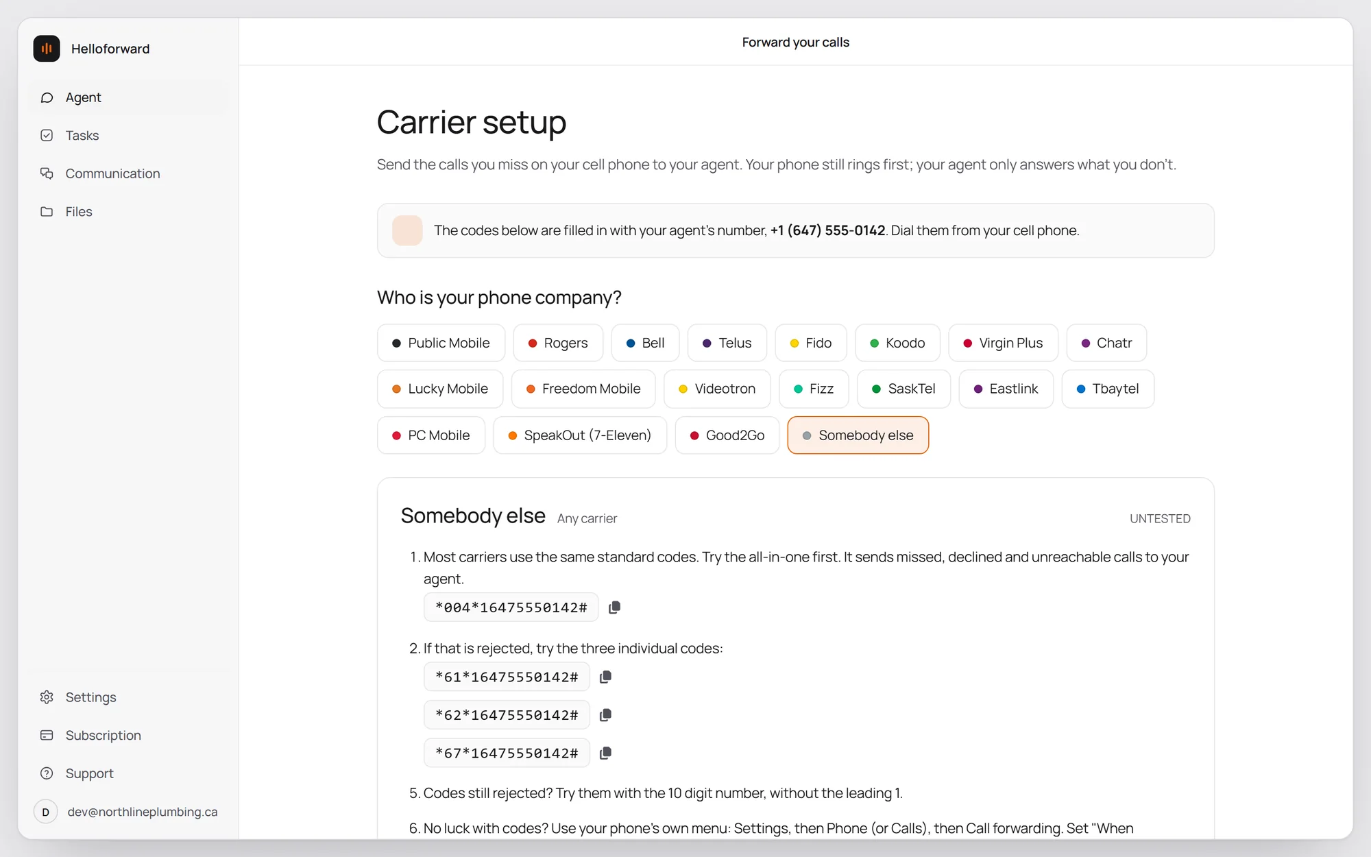 Les clients Helloforward ont ces codes dans l’application, avec leur numéro déjà rempli. Choisissez votre fournisseur et composez.